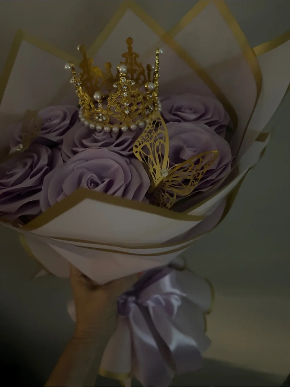 Hand Crafted Lavender Floral Crown with Gold and Pearl Accents